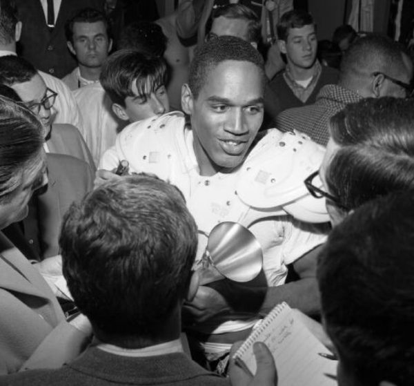 (Don Cormier for the LA Times/UCLA Library/CC BY 4.0 DEED). OJ Simpson speaks with the press in 1968 following the Rose Bowl game.  Simpson scored two touchdowns and earned Player of the Game as USC won 13-3.